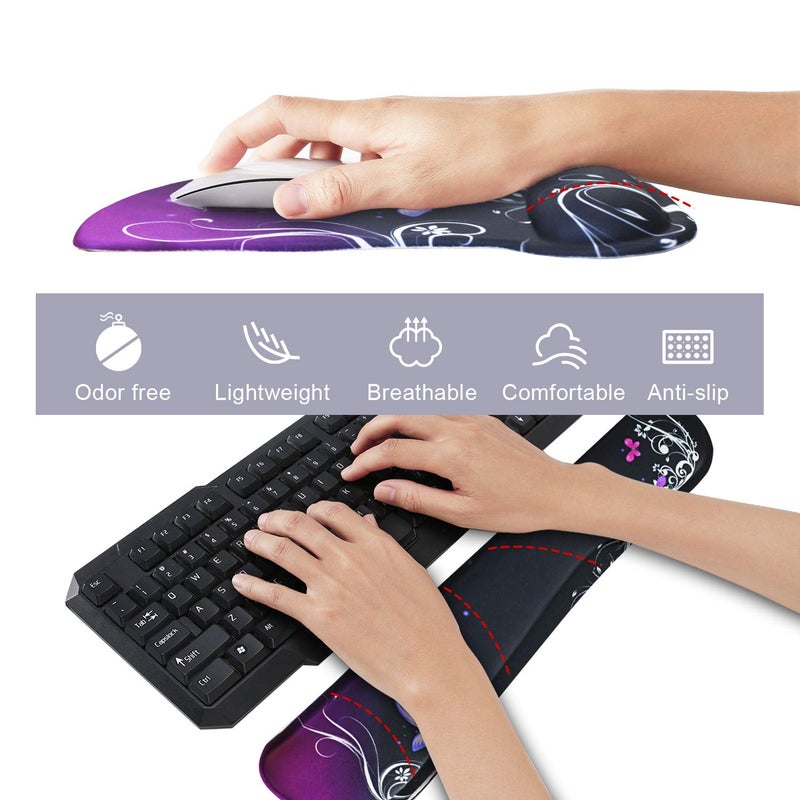 iVeze Mouse Pad with Wrist Support and Keyboard Wrist Rest Pad Set,Ergonomic Mouse Pads for Computers Laptop,Non-Slip Comfortable Mousepad w/Raised Memory Foam for Easy Typing Pain Relief (Purple Butterfly) - Image 3